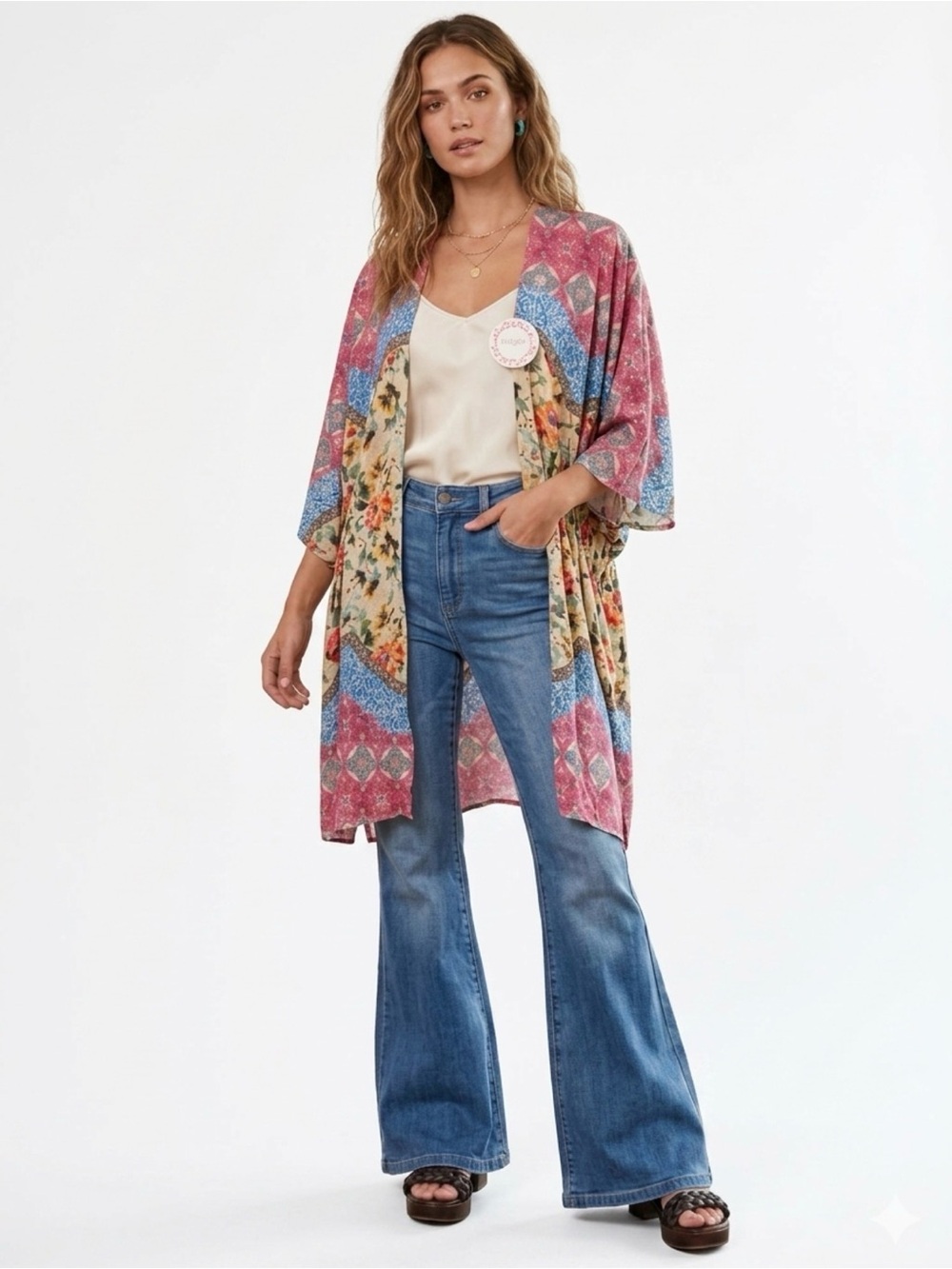 UMGEE SZ M/L Boho Floral Patchwork Kimono - Pink, Blue & Cream